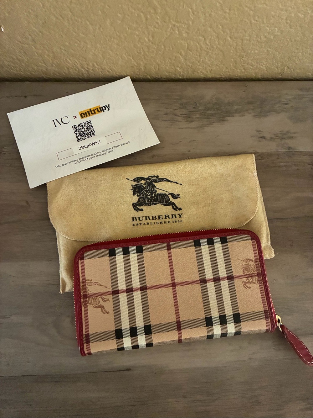 Burberry Beige Nova Check Zip Wallet with Red Trim and Plaid